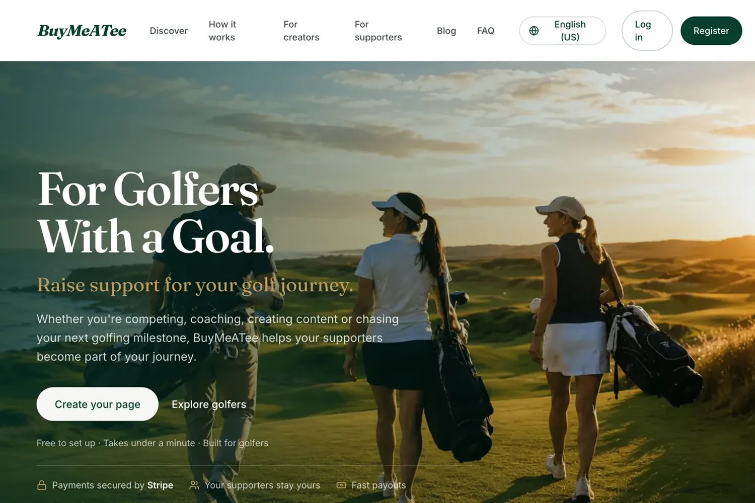 The Buy Me a Tee homepage: three golfers walking a coastal links course at sunset, with the headline For golfers with a goal.