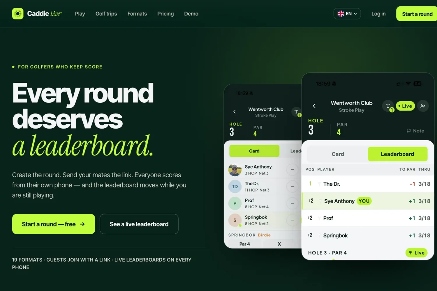 The Caddie Live homepage: a dark green page with the headline Every round deserves a leaderboard, beside two phone screens showing a scorecard and a live leaderboard.